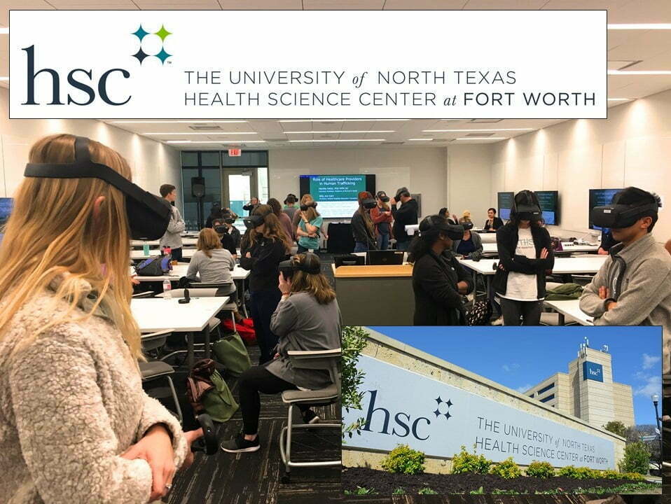 University of North Texas Health Science Center at Fort Worth. Room full of students using virtual reality headsets and TRAPPED: A VR Detective Story. UNTHSC.