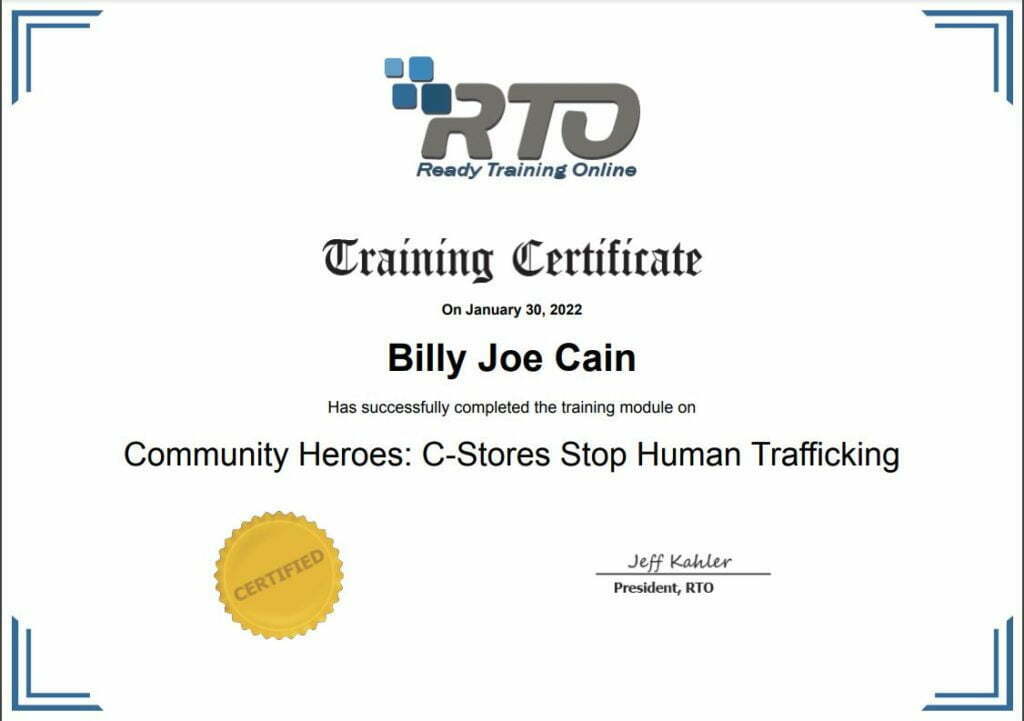 Billy Joe Cain's certificate from Convenience Stores Against Trafficking (CSAT) “C-Stores Stop Human Trafficking” Anti-Human Trafficking training course