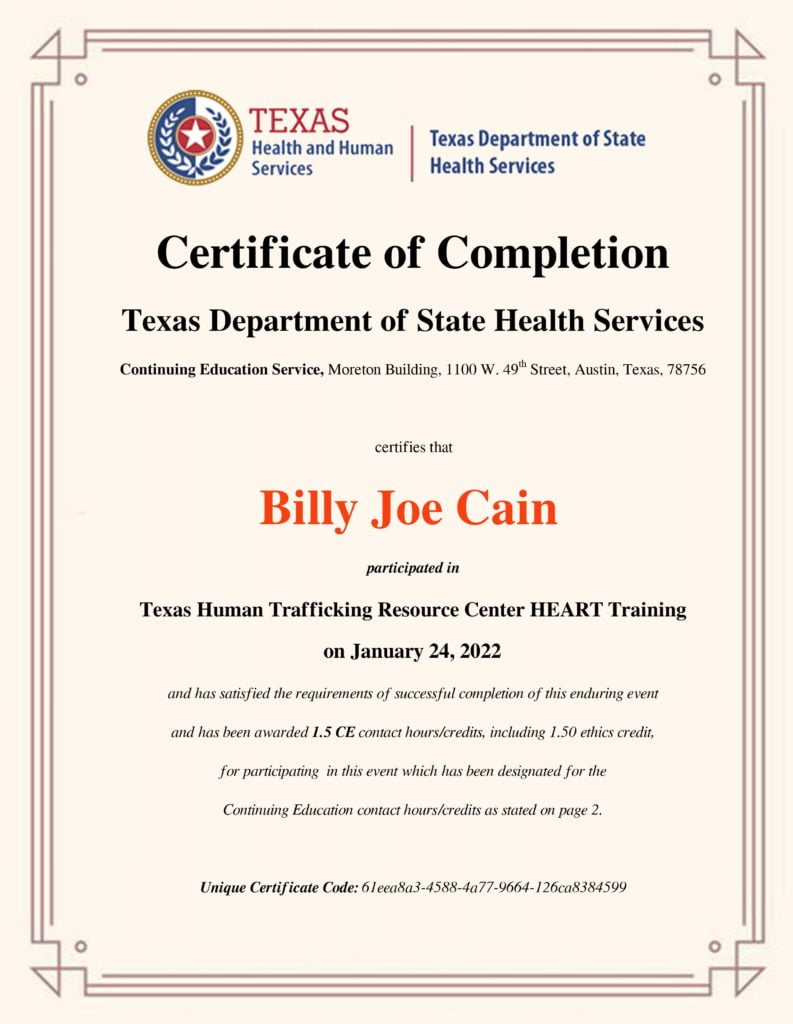 Billy Joe Cain Texas Human Trafficking Resource Center HEART Training Certificate HHS, an online human trafficking training course