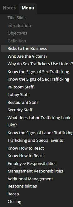 "Preventing Human Trafficking: Recognize the Signs" from ECPAT Table of contents