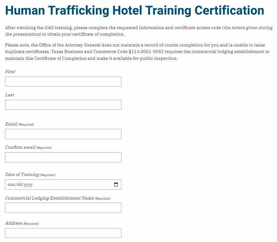 Image of Human Trafficking Hotel Training Certification from the REVIEW: Com­mer­cial Lodg­ing Train­ing Video "HUMAN TRAFFICKING: HOW HOTEL EMPLOYEES CAN MAKE A DIFFERENCE" from Texas Attorney General Ken Paxton