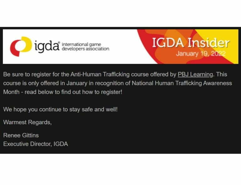 International Game Developers Association Promotes Human Trafficking Prevention Education