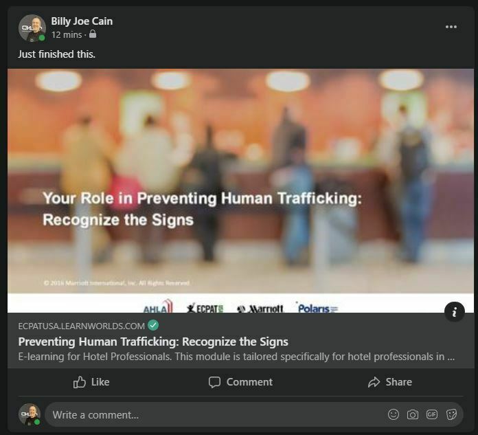 "Preventing Human Trafficking: Recognize the Signs" from ECPAT My Facebook post