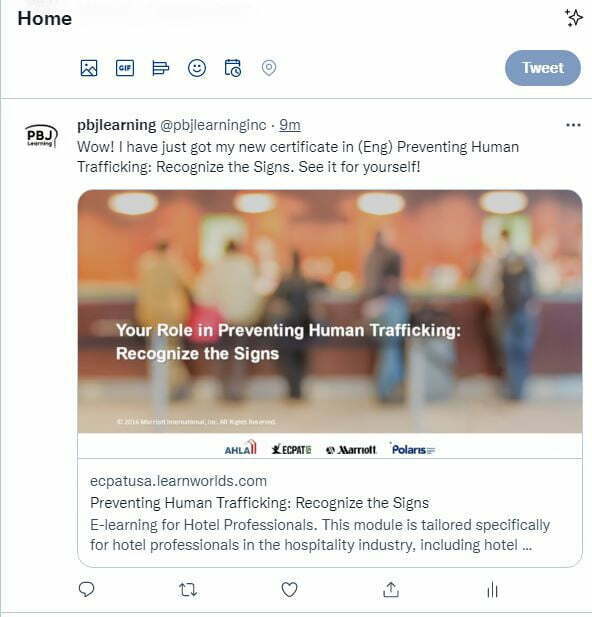 "Preventing Human Trafficking: Recognize the Signs" from ECPAT My Tweet for Twitter