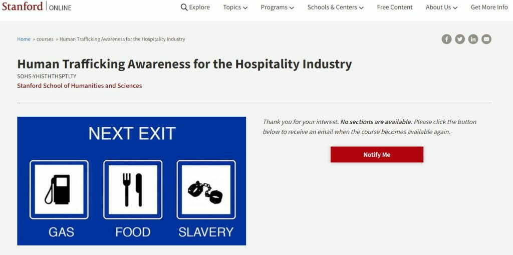 Stanford Human Trafficking Awareness for the Hospitality Industry Notify me