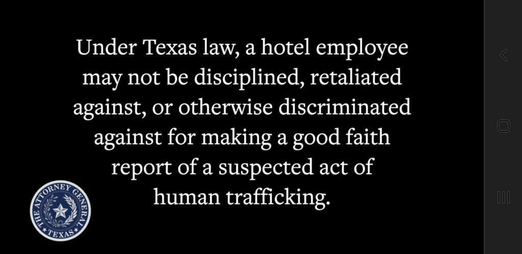 Image from the REVIEW: Com­mer­cial Lodg­ing Train­ing Video "HUMAN TRAFFICKING: HOW HOTEL EMPLOYEES CAN MAKE A DIFFERENCE" from Texas Attorney General Ken Paxton