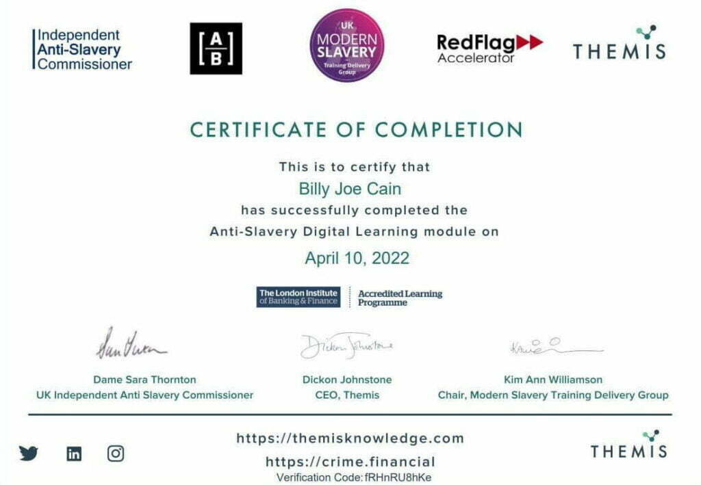 REVIEW: Modern Slavery & Human Trafficking online course from Themis Knowledge: Investment and fund management: Certificate of Completion