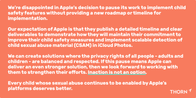 Thorn statement on Apple’s pause of implementing child safety measures
