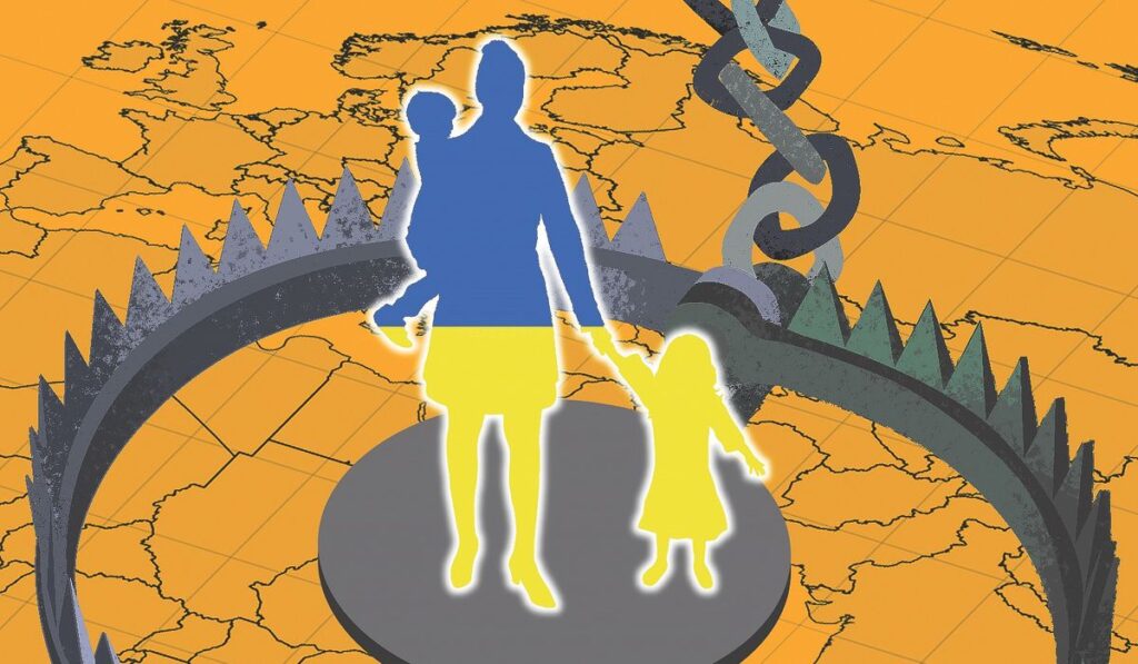 Silhouette of Ukrainian woman and children on map in beartrap