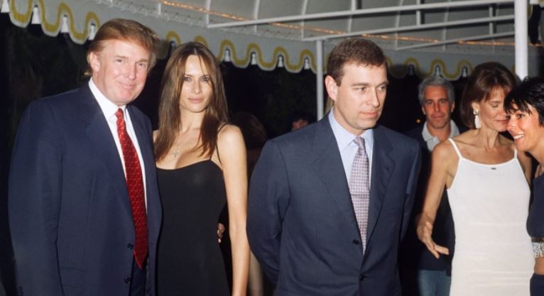Donald Trump and his future wife Melania pose with Prince Andrew, Jeffrey Epstein and Ghislaine Maxwell all visible in the frame Credit: Getty