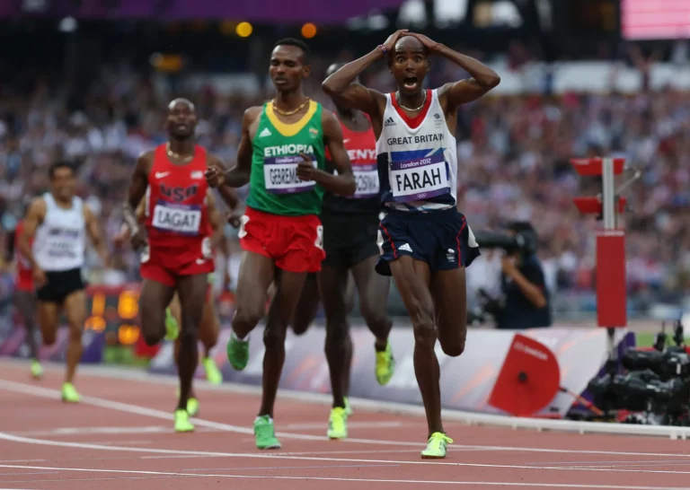 Mr. Farah when he won the gold medal in the men's 5000-meter at the London Olympics in 2012.Credit...Josh Haner/The New York Times