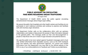DOH warns public vs. fake messages about organ trafficking