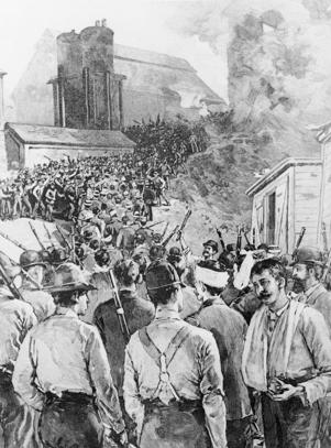FILE - Steel workers storm the Carnegie Steel Company during the Homestead Strike of 1892 in Homestead, PA. The dispute between the Amalgamated Association of Iron and Steel Works and the steel company was one of the deadliest labor disputes in U.S. history resulting in the death of 10 men. (AP Photo, File)