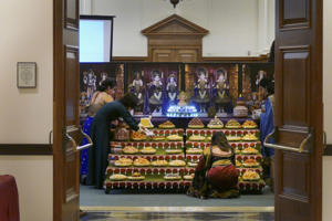 Thursday, November 7, 2019 - Annakut (Mountain of Food) set up in NJ State House for Diwali. The annakut, one of the significant aspects of Diwali, is an annual offering to God to ask for a propserous and positive new year. The annakut was put up in the State House to honor the Diwali festival and celebrate diversity in NJ, according to Darshan Patel, representative of BAPS Shri Swaminarayan Mandir, Robbinsville, which hosted the event.