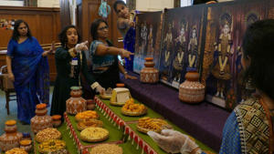 Thursday, November 7, 2019 - Annakut (Mountain of Food) set up in NJ State House for Diwali. The annakut, one of the significant aspects of Diwali, is an annual offering to God to ask for a propserous and positive new year. The annakut was put up in the State House to honor the Diwali festival and celebrate diversity in NJ, according to Darshan Patel, representative of BAPS Shri Swaminarayan Mandir, Robbinsville, which hosted the event.
