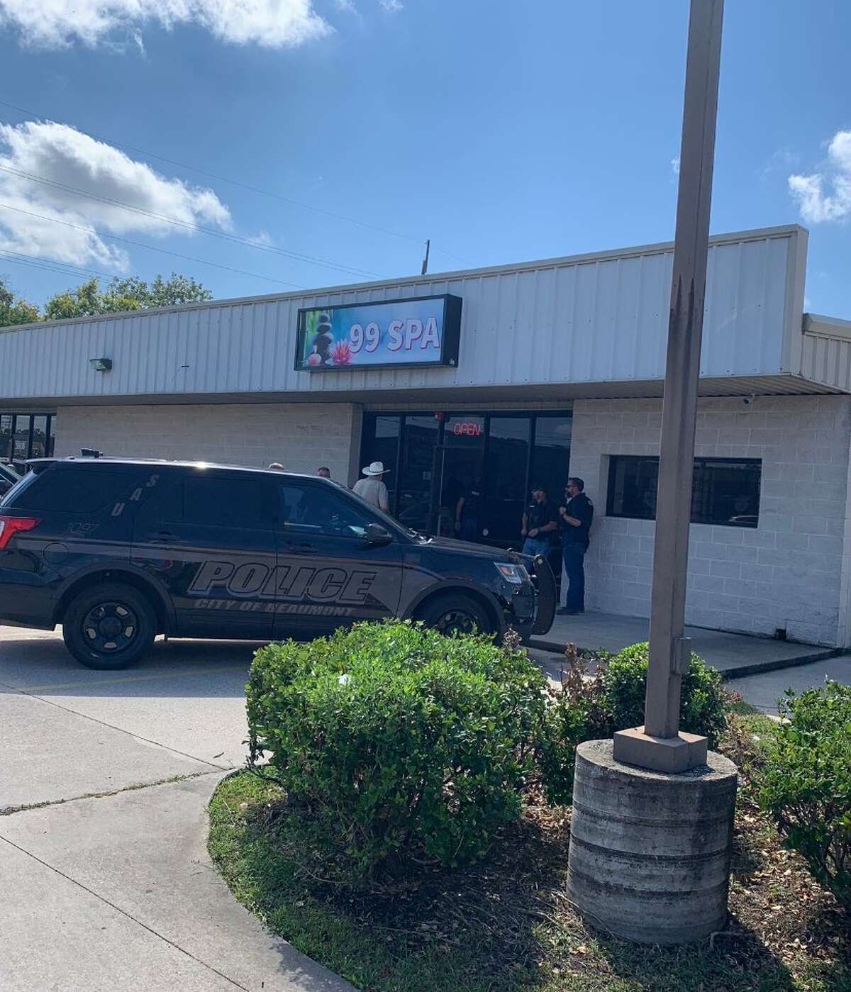 The Beaumont Police Department said it was assisted by Beaumont Code Enforcement, Beaumont Fire Marshal's Office, Homeland Security and an Anti-Trafficking Specialist with Texas Department of Licensing & Regulation when it conducted a business compliance check and a human trafficking investigation shortly after noon on Thursday at 99 SPA, which is located at 360 South MLK Parkway.
