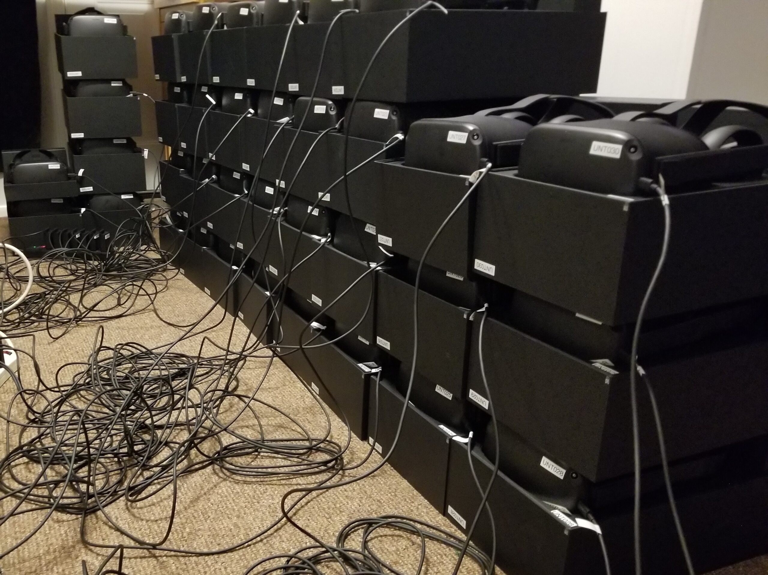 36 Meta Quest headsets are charging for the last time before they are used at University of North Texas Health Science Center in Fort Worth, in 2019