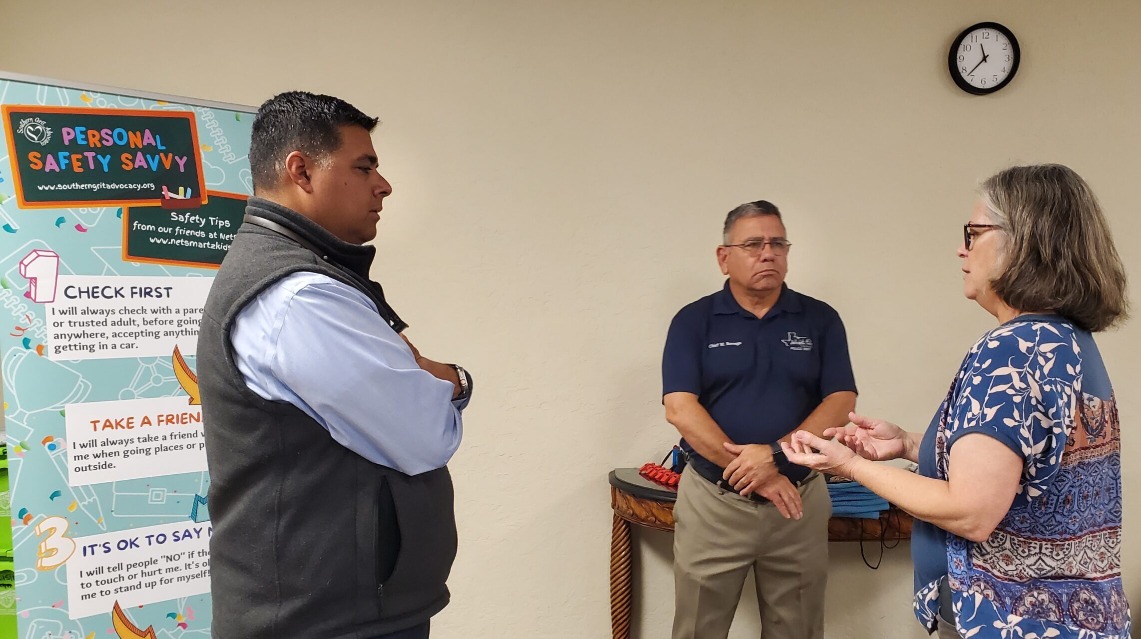 Wichita Falls Mayor Stephen Santellana discusses human trafficking in Wichita Falls with Chief of Police Manuel Borrego and Vicky J. Payne, MPA, President/Executive Director of Southern Grit Advocacy