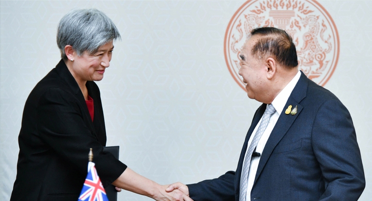 Foreign Minister Penny Wong being greeted by Thai Deputy Prime Minister Prawit Wongsuwan (Image: AAP/EPA/Royal Thai government)