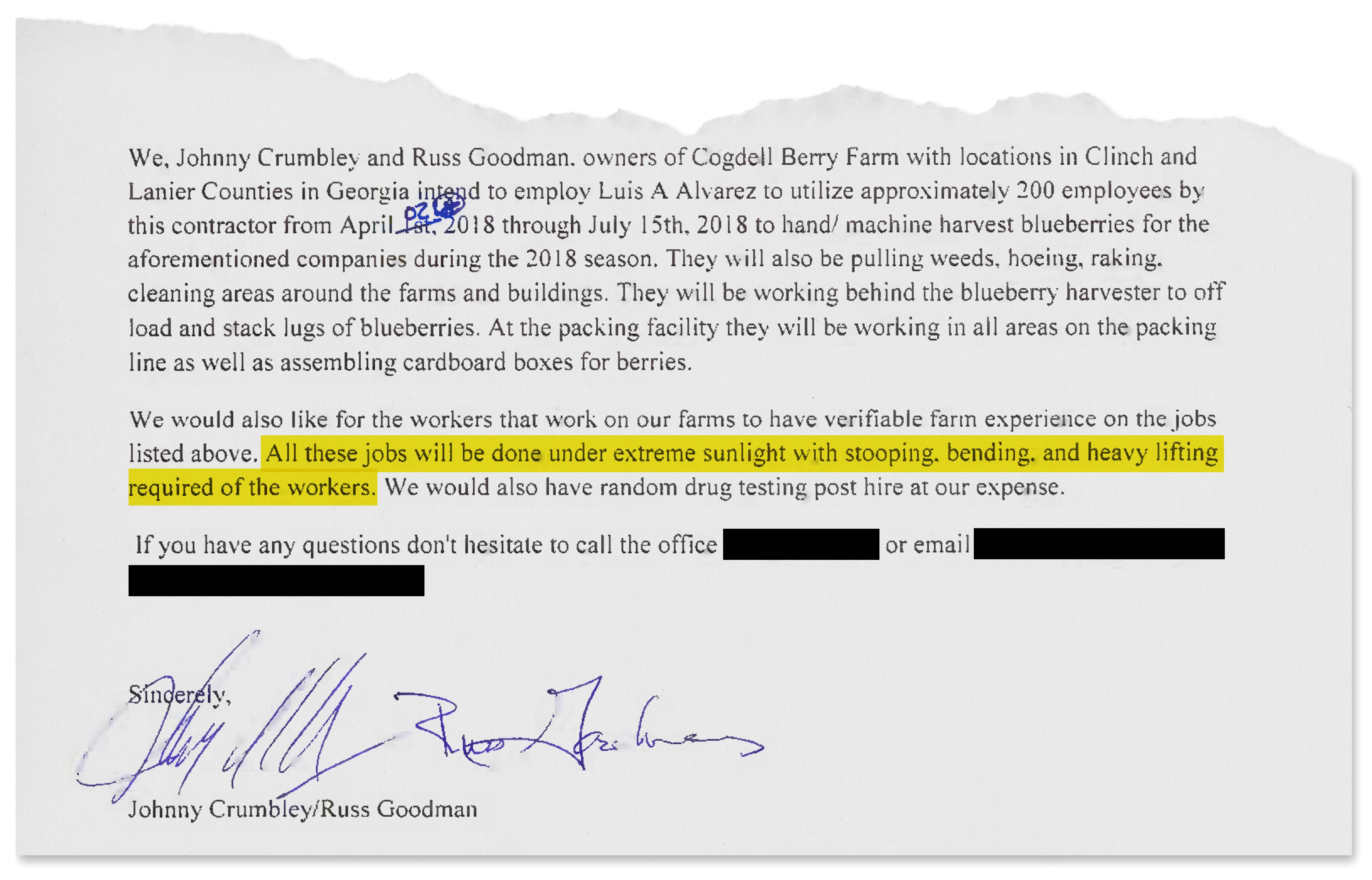 A letter from the owners of Cogdell Berry Farm, Johnny Crumbley and Russ Goodman, about the work and conditions to harvest blueberries during the 2018 season. Highlighted and redacted info by USA TODAY.