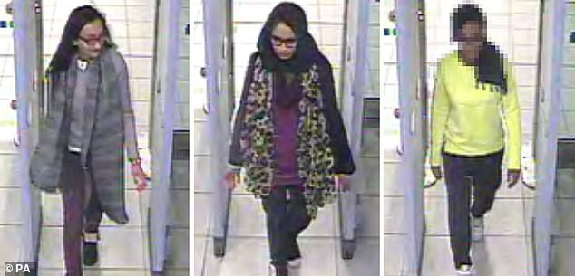 Begum (centre) was one of three UK teenagers at Bethnal Green Academy who travelled to join ISIS in February 2015, with Kadiza Sultana (left), 16, and Amira Abase (right), 15. Sultana is believed to have died in an airstrike in May 2016 while Abase's whereabouts are unknown