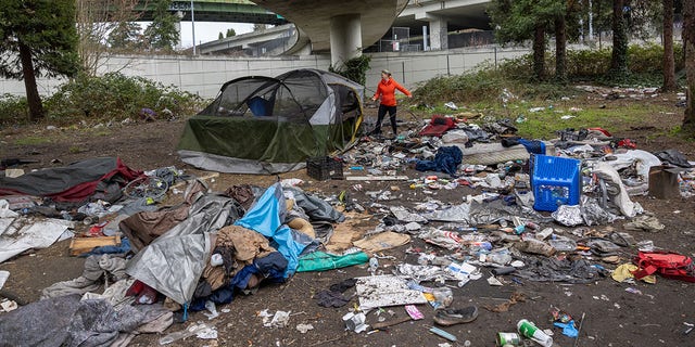 This file image shows a volunteer dismantling a tent as garbage lies piled at a homeless encampment in Seattle, Washington, on March 13, 2022.