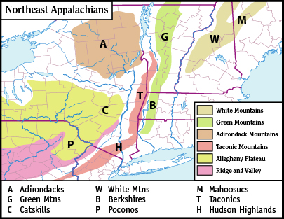 Map of the main mountain ranges of the northeast Appalachians