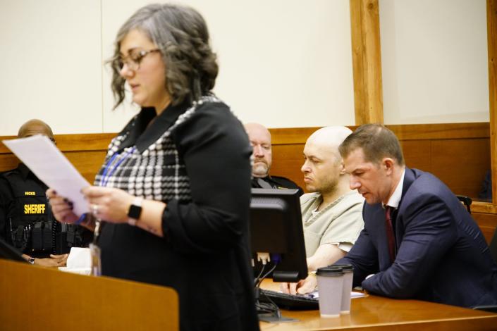 Sarah Rene Wilson, 26, (left) said she was living in hell and felt powerless while she was a victim of human trafficking at the hands of Paul Nelson Chiles (center, in jail jumpsuit), who appeared for senencing Monday in Franklin County Common Pleas Court with his attorney, Brian Joslyn (right).