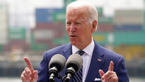 President Biden speaks about inflation and supply chain issues in Los Angeles. AP Photo/Damian Dovarganes