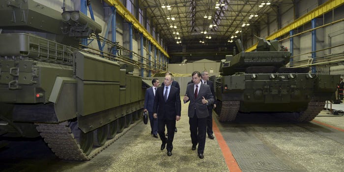 A 2015 image of Vladimir Putin visiting Uralvagonzavod tank factory in Nizhny Tagil.