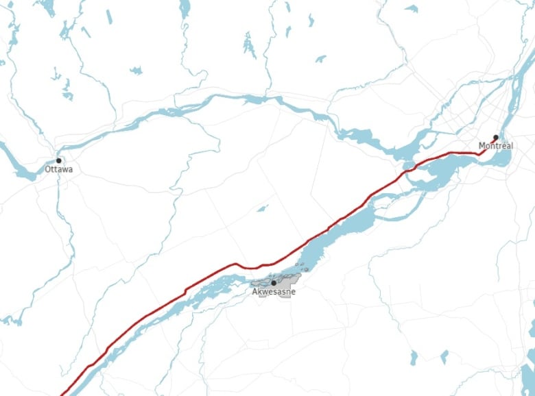 A map of the St. Lawrence River area with Akwesasne marked in the middle.