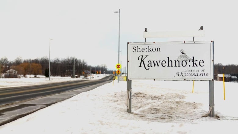 A sign in Kanien'kéha, the Mohawk language, welcomes people to Kawehno:ke.