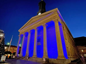 The Chester County Historic Courthouse is cast in blue light from Jan. 9-16 to recognize Human Trafficking Awareness and Prevention Month.
