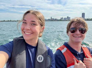 Samantha Strom, left, interned with the U.S. Coast Guard in Buffalo the summer before her junior year. She returned in summer 2022 to participate in a routine operation with fellow Mercyhurst University intelligence studies student, Josh Drabik, right.