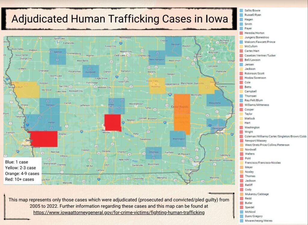 map of adjudicated human trafficking cases in Iowa