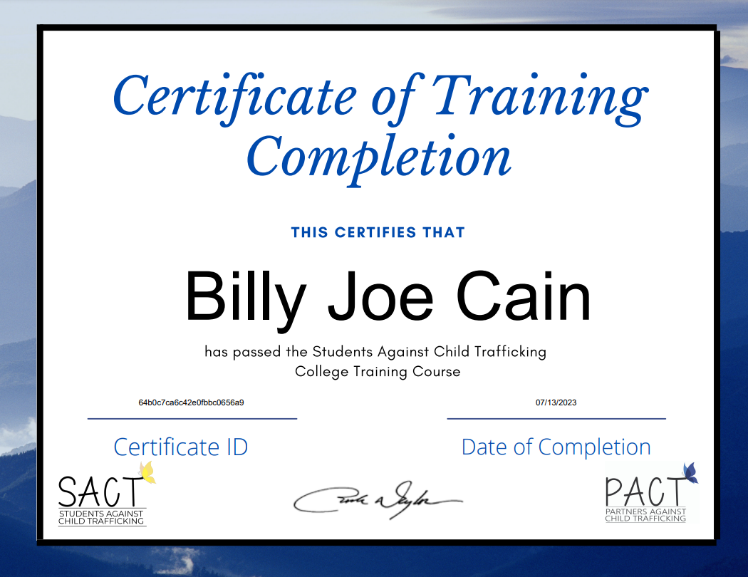 PACT College Training Program Certificate: Billy Joe Cain